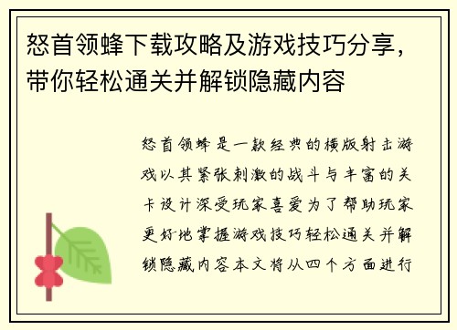 怒首领蜂下载攻略及游戏技巧分享，带你轻松通关并解锁隐藏内容